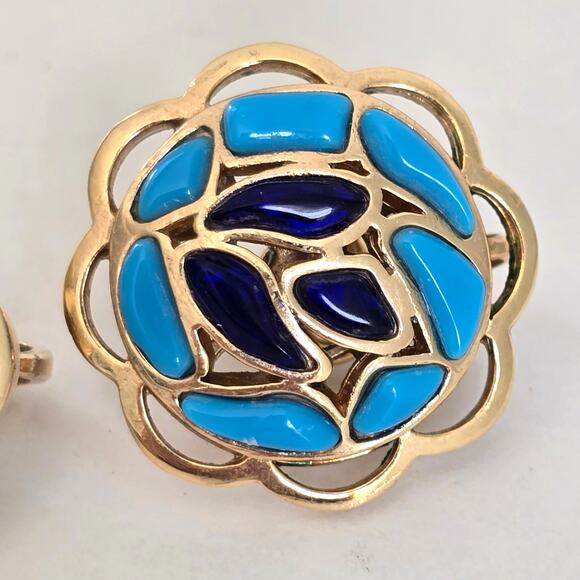 Crown Trifari Alfred Philippe Earrings Modern Mosaics Sapphire Turquoise Gold - Picture 2 of 7